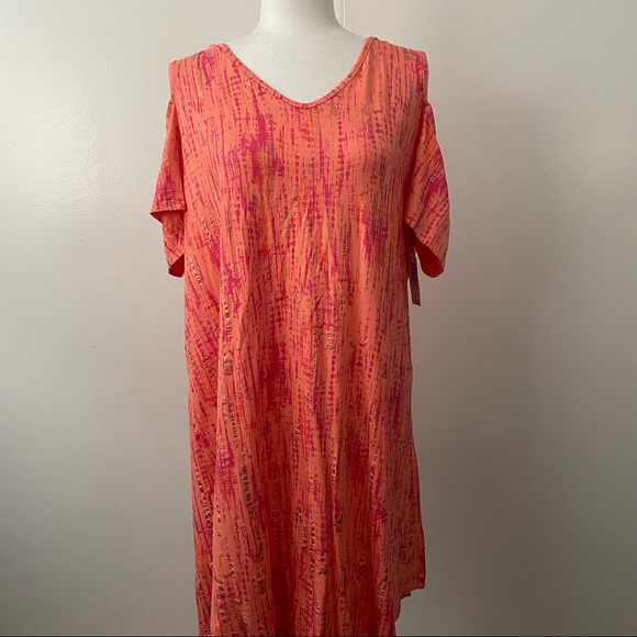 Super Soft Cold Shoulder Orange Tie Dye T-Shirt Dress - Picture 2 of 7